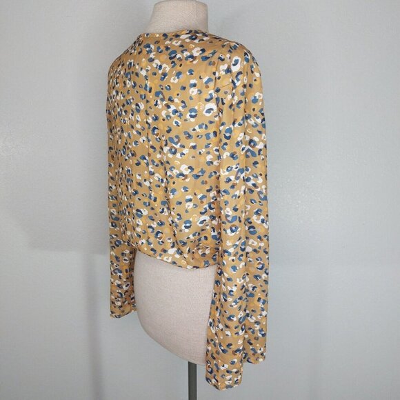 Sadie & Sage Blouse Women Medium Camel Brown Blue Boho Plunge V Neck Flare - Picture 6 of 12